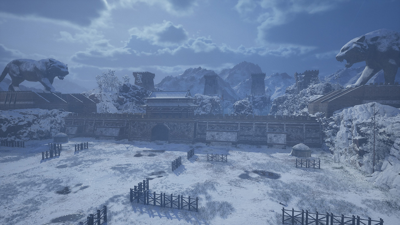 Snow-covered Hulao Gate battlefield from DYNASTY WARRIORS 3 Remastered