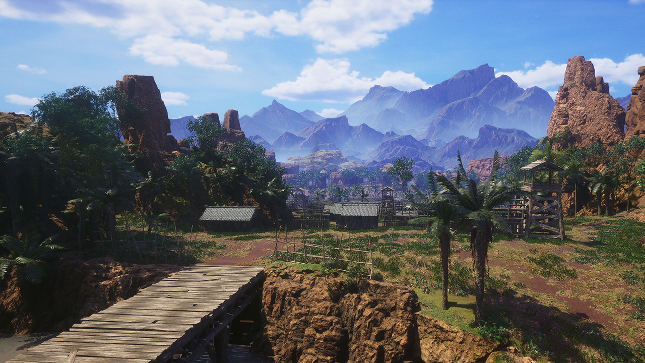 Sunlit valley battlefield with a wooden bridge in DYNASTY WARRIORS 3 Remastered