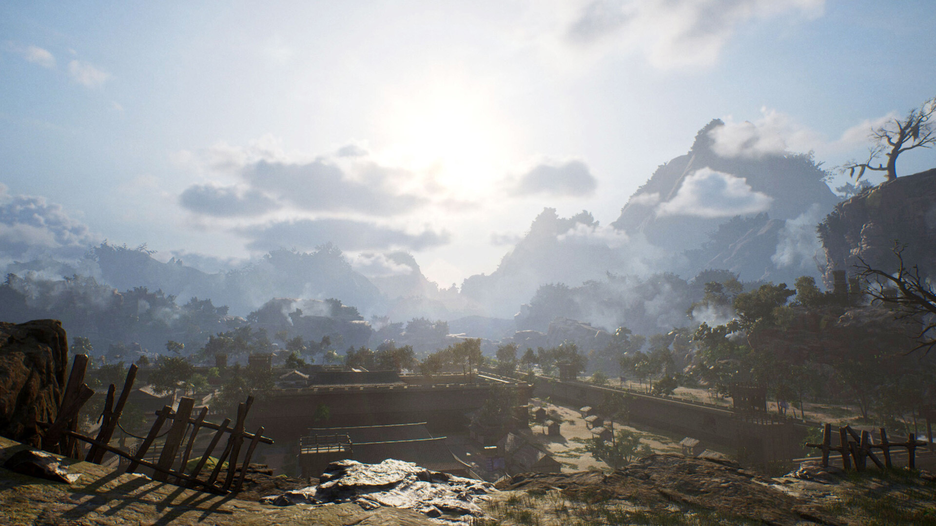 Wide view of a DYNASTY WARRIORS 3 Remastered battlefield valley
